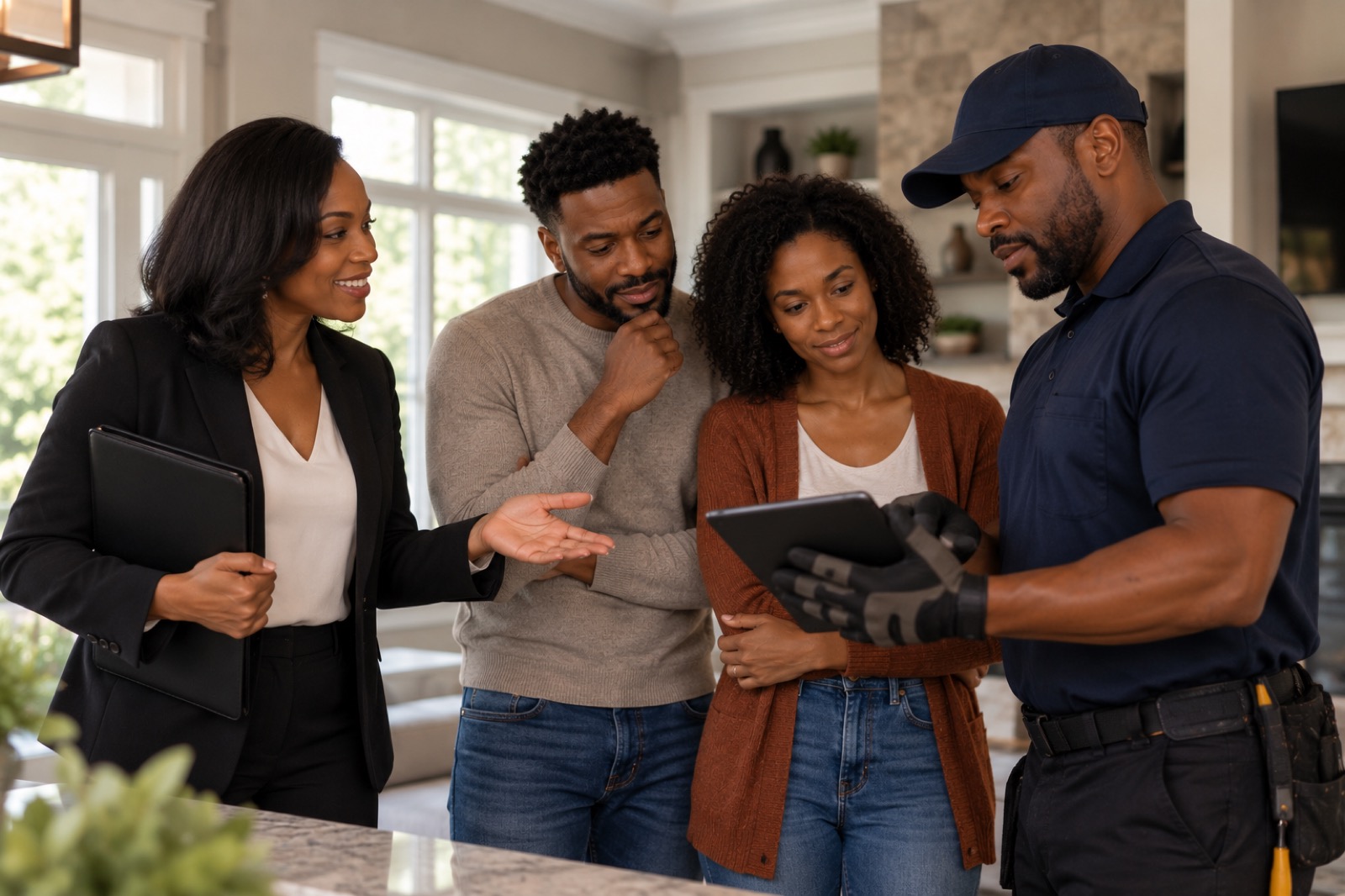 Realtor, clients, and inspector reviewing inspection information together