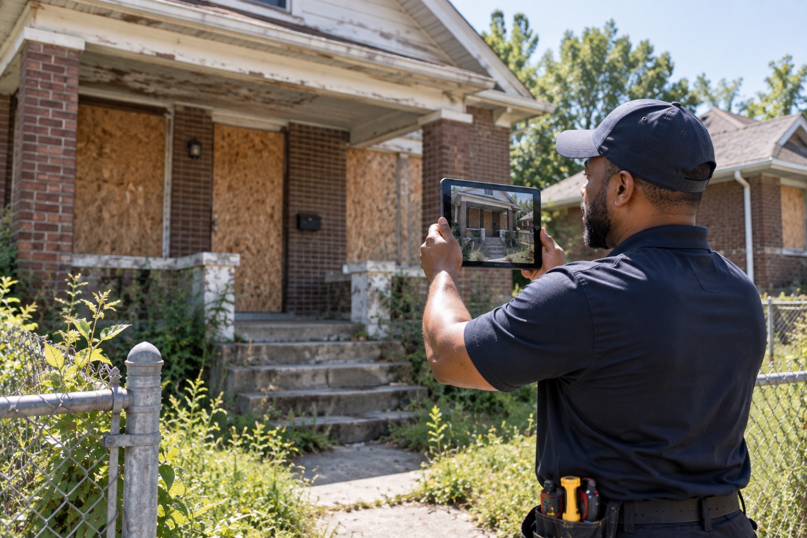 Field professional documenting the exterior condition of a boarded vacant home
