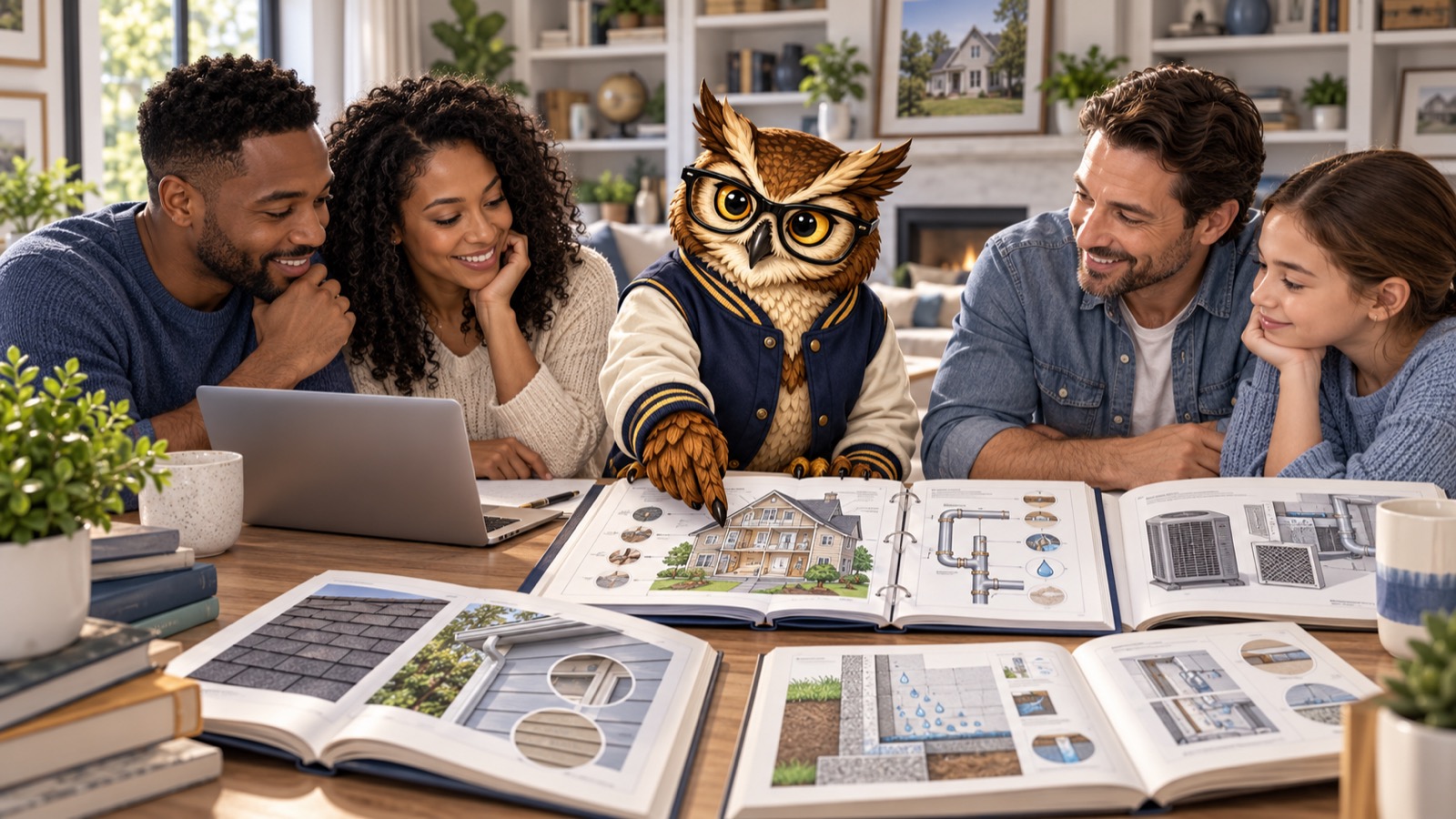 Diverse homeowners learning about home systems with Quill as guide