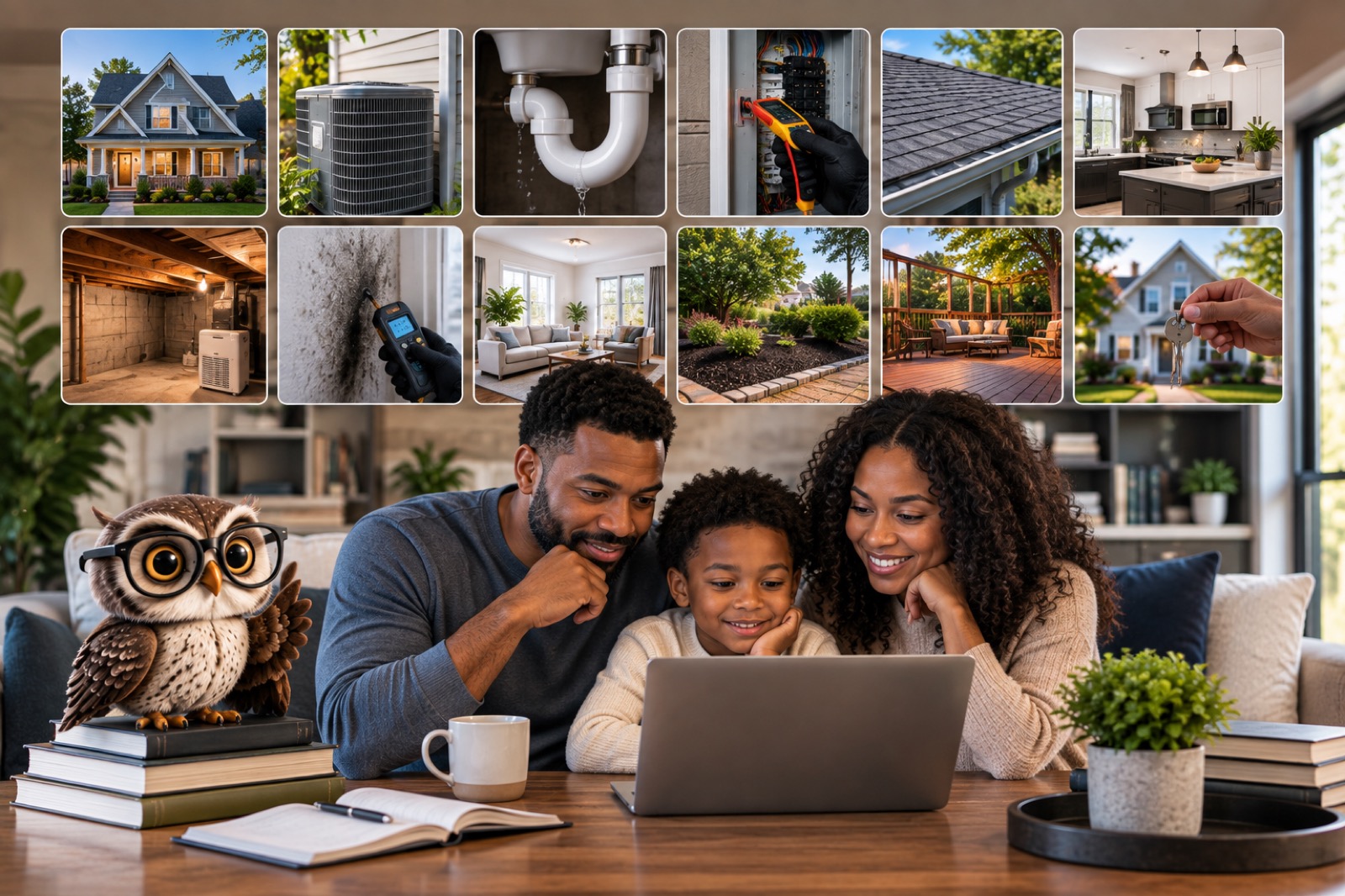 Homeowner library category system showing home systems, exterior, HVAC, plumbing, electrical, roofing, moisture, interiors, and ownership topics