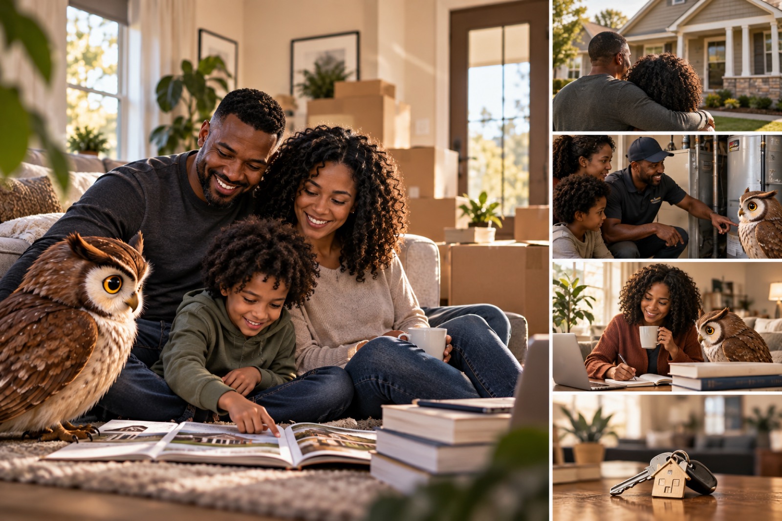 Family reviewing homeowner guidance in a new home with Quill nearby
