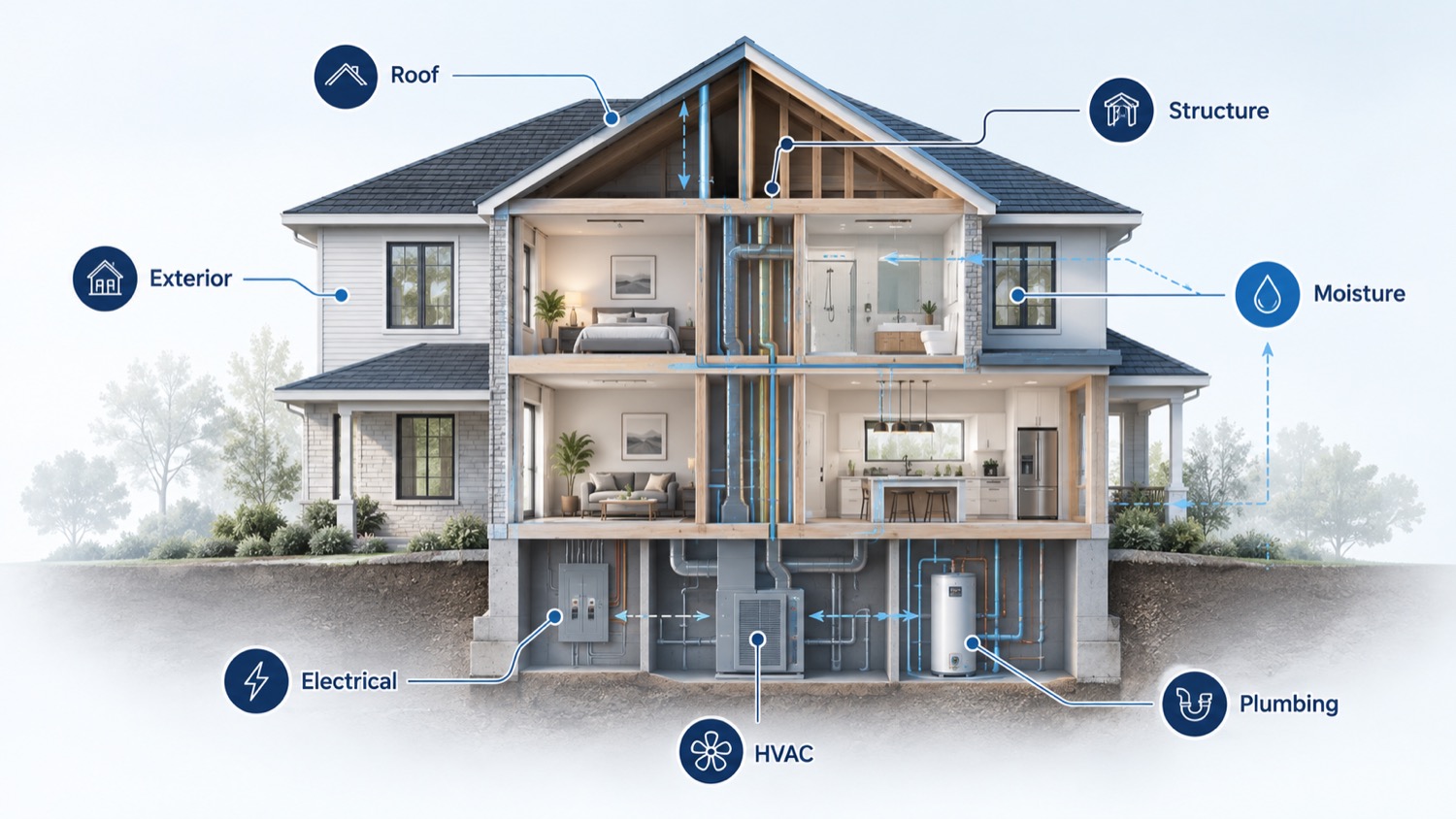 Cutaway home diagram showing connected home systems